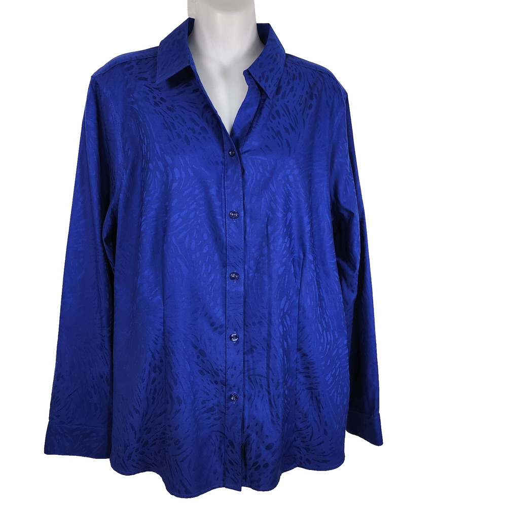Chico's Womens Shirt Size 2 Large Blue Button Jacquard 100% Cotton Wrinkle Free